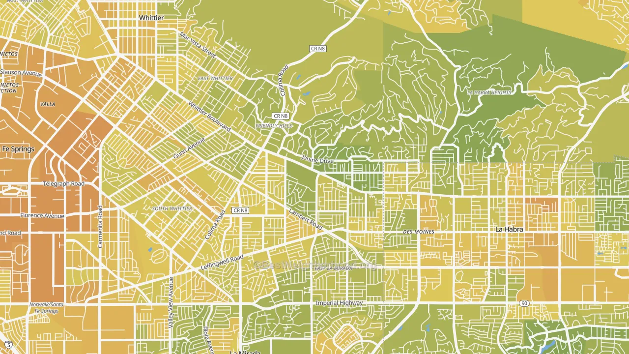 Map of the best neighborhoods in the 90603 area, with better matches in green and worse matches in red
