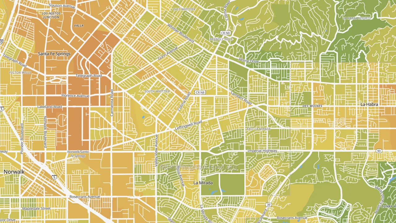Map of the best neighborhoods in the 90604 area, with better matches in green and worse matches in red