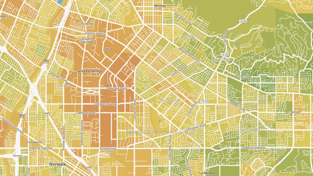 Map of the best neighborhoods in the 90605 area, with better matches in green and worse matches in red