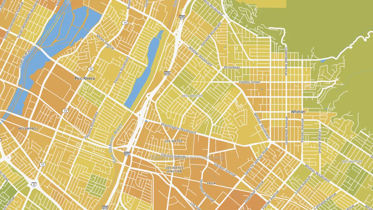 Map of the best neighborhoods in the 90606 area, with better matches in green and worse matches in red