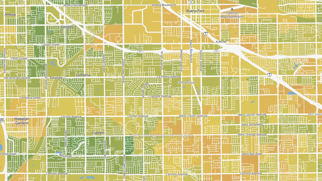Map of the best neighborhoods in the 90620 area, with better matches in green and worse matches in red