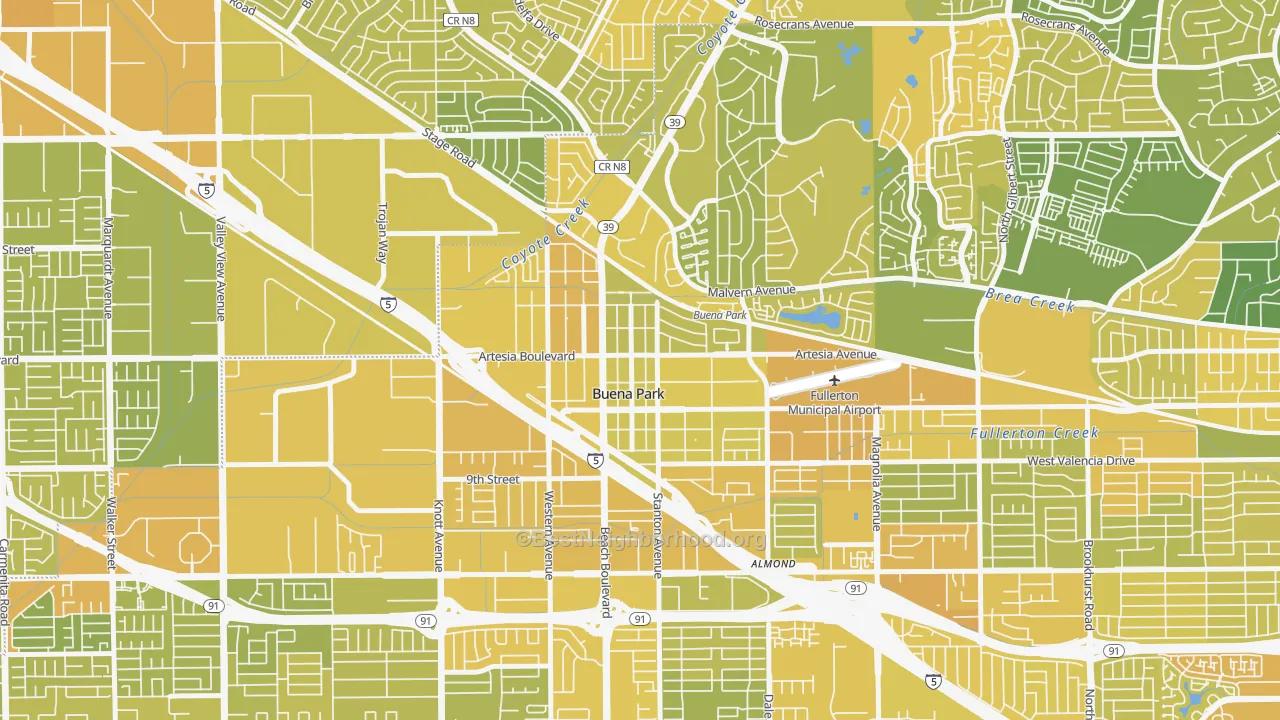 Map of the best neighborhoods in the 90621 area, with better matches in green and worse matches in red
