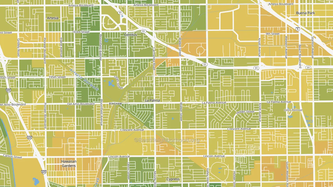 Map of the best neighborhoods in the 90623 area, with better matches in green and worse matches in red