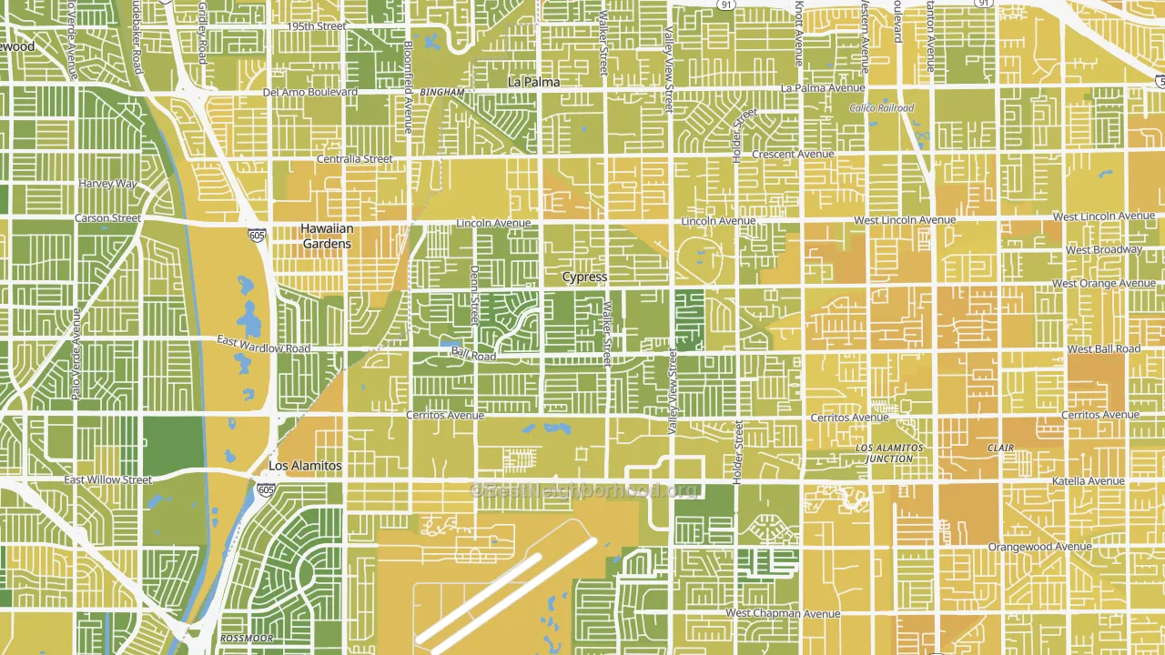 Map of the best neighborhoods in the 90630 area, with better matches in green and worse matches in red