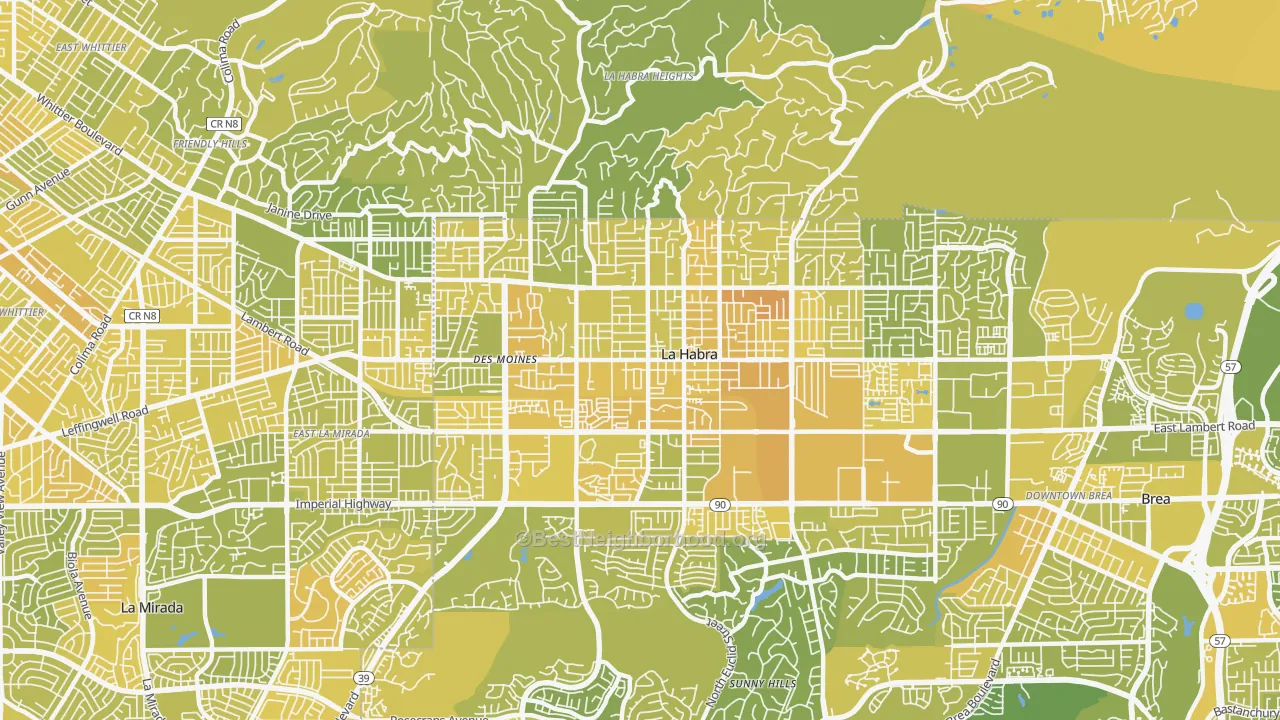 Map of the best neighborhoods in the 90631 area, with better matches in green and worse matches in red