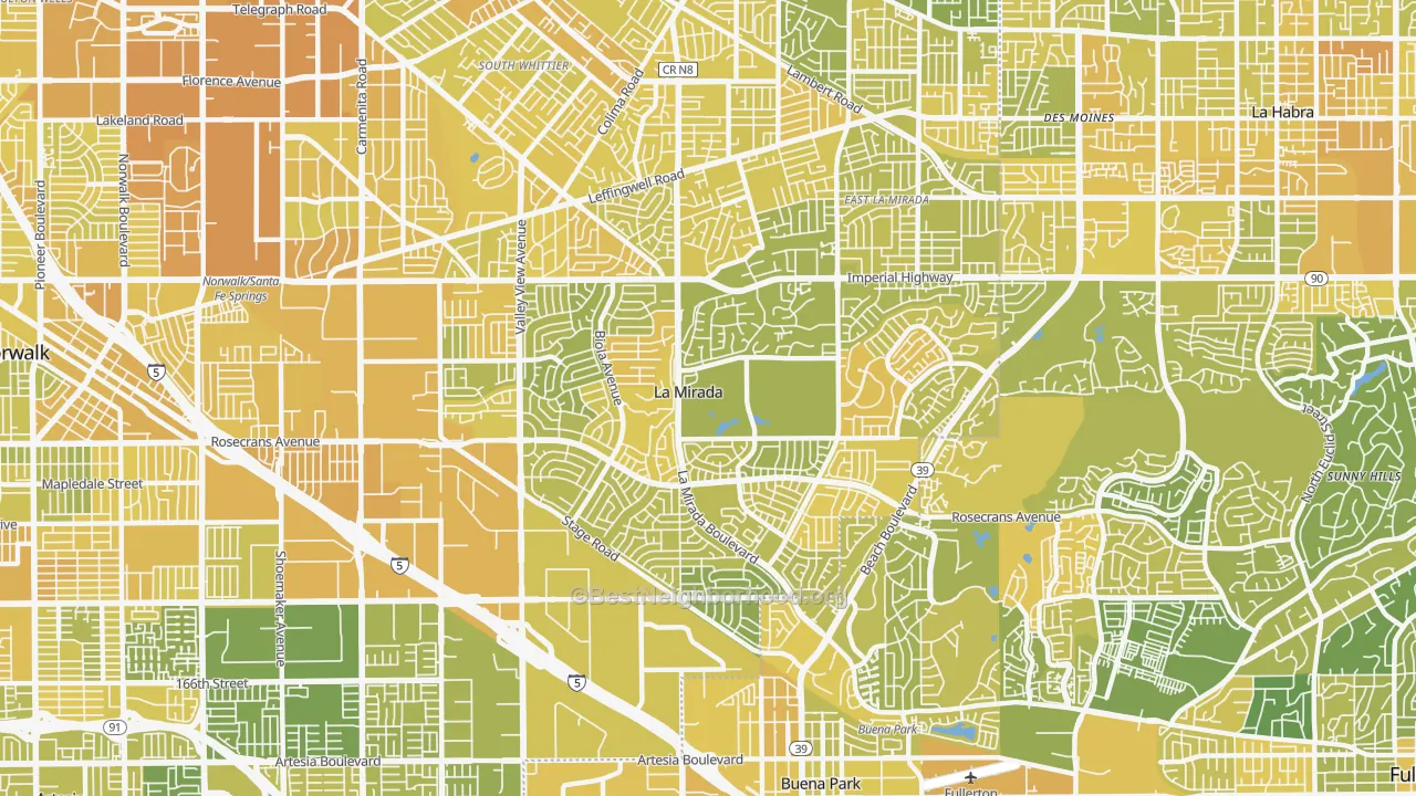 Map of the best neighborhoods in the 90638 area, with better matches in green and worse matches in red