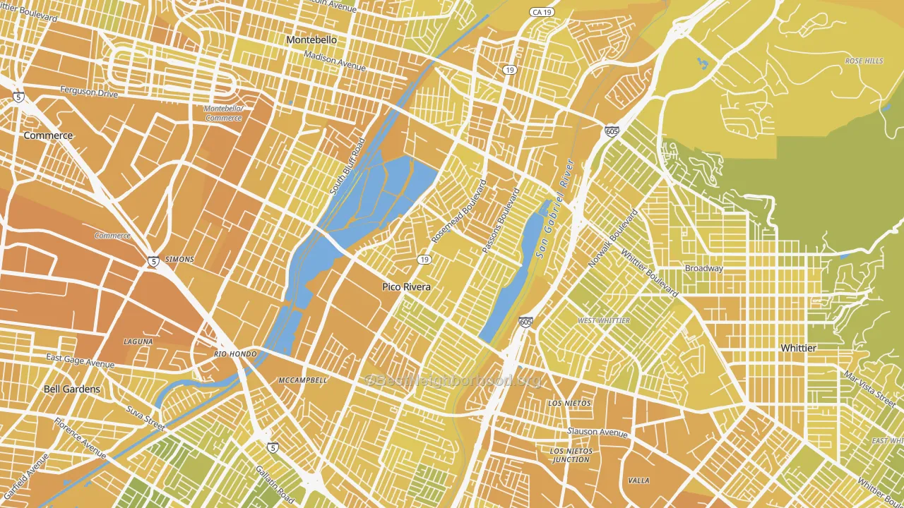 Map of the best neighborhoods in the 90660 area, with better matches in green and worse matches in red