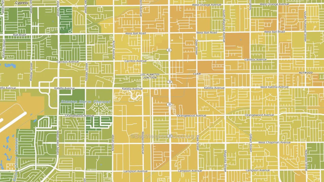 Map of the best neighborhoods in the 90680 area, with better matches in green and worse matches in red