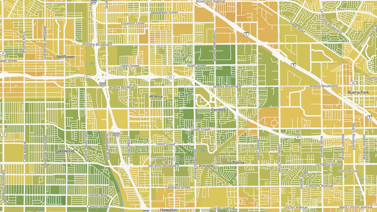 Map of the best neighborhoods in the 90703 area, with better matches in green and worse matches in red