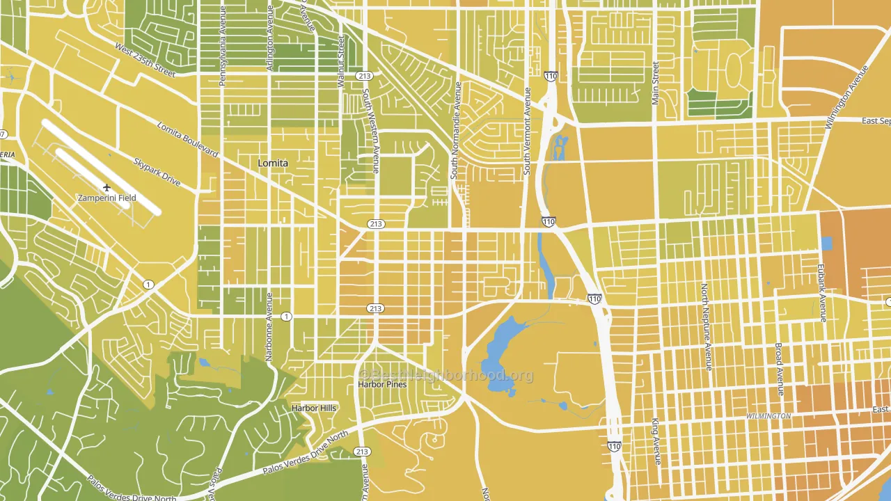 Map of the best neighborhoods in the 90710 area, with better matches in green and worse matches in red