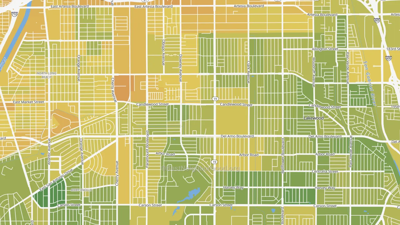 Map of the best neighborhoods in the 90712 area, with better matches in green and worse matches in red