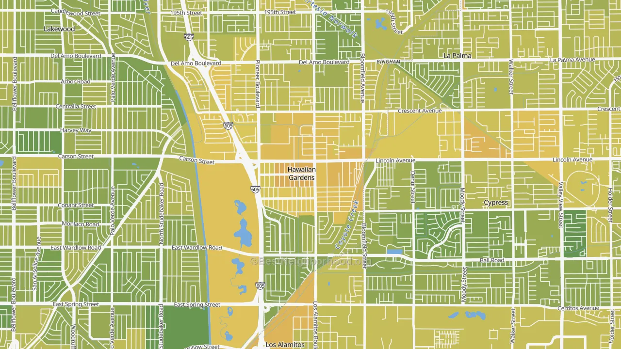 Map of the best neighborhoods in the 90716 area, with better matches in green and worse matches in red