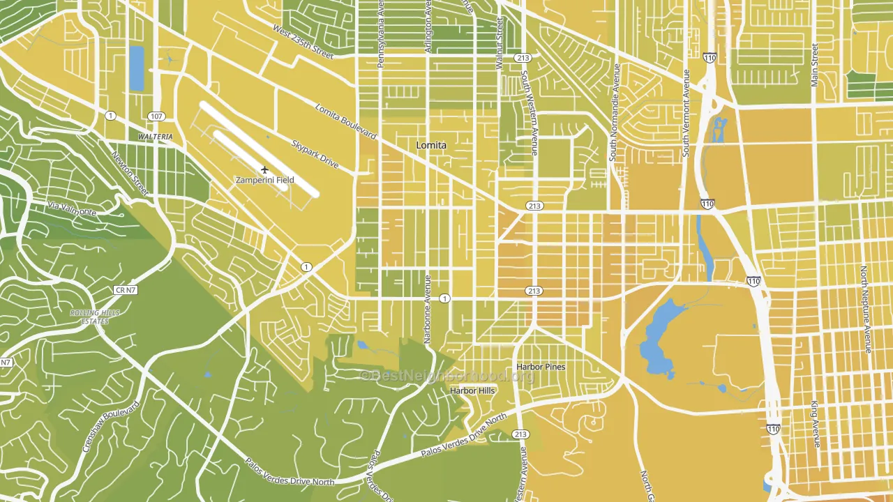 Map of the best neighborhoods in the 90717 area, with better matches in green and worse matches in red