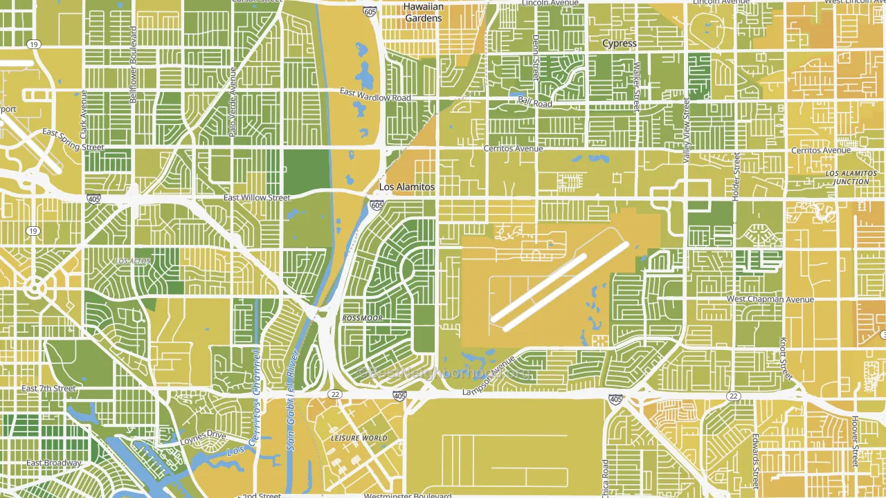 Map of the best neighborhoods in the 90720 area, with better matches in green and worse matches in red