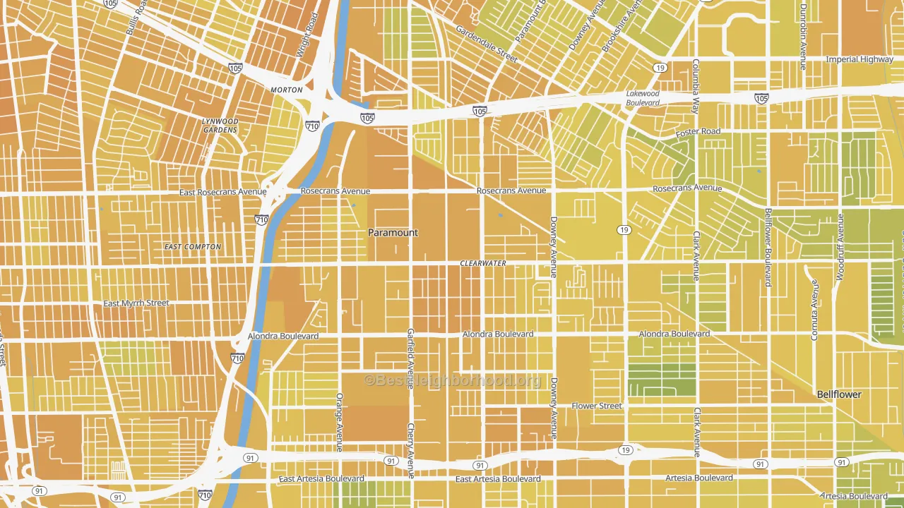 Map of the best neighborhoods in the 90723 area, with better matches in green and worse matches in red