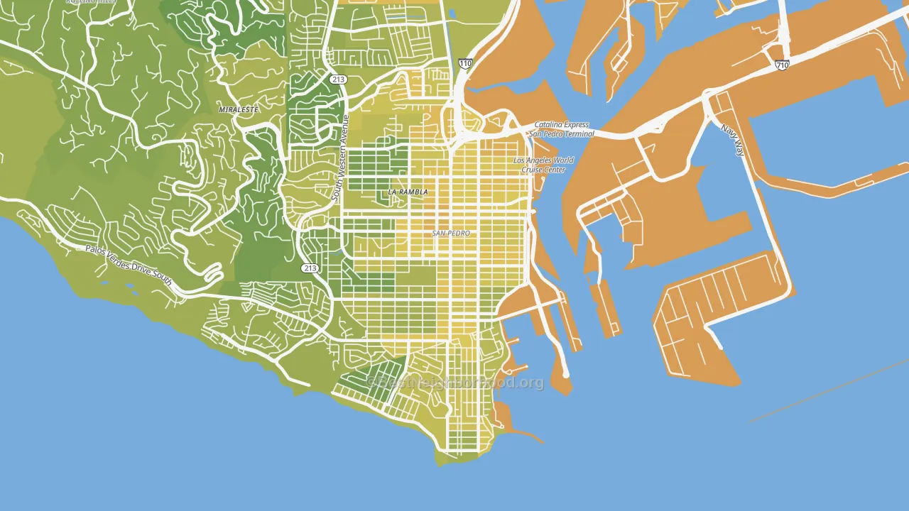 Map of the best neighborhoods in the 90731 area, with better matches in green and worse matches in red