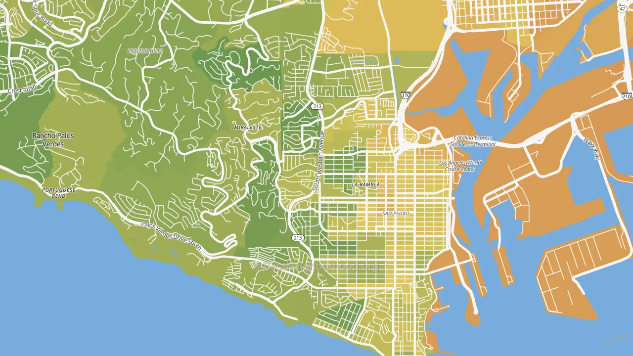 Map of the best neighborhoods in the 90732 area, with better matches in green and worse matches in red