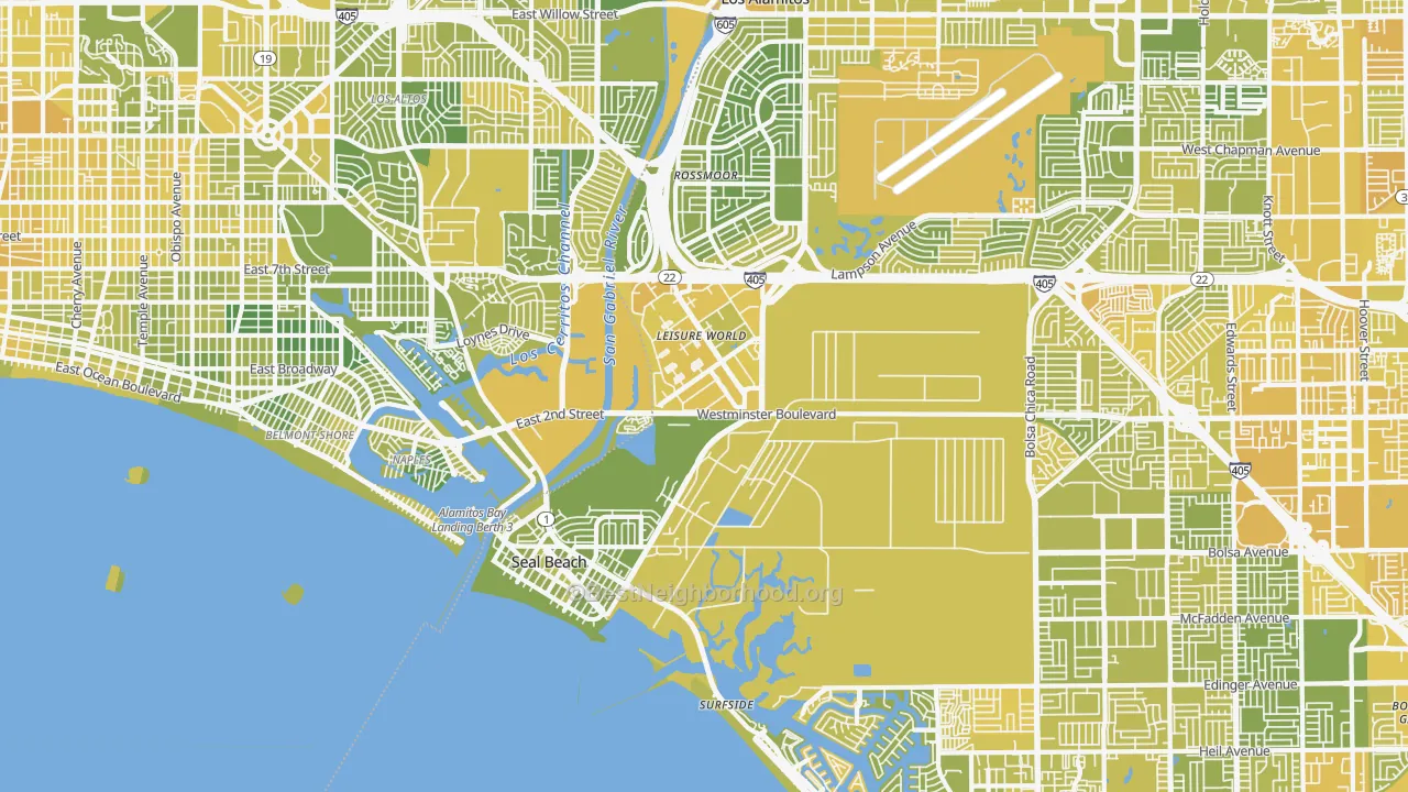 Map of the best neighborhoods in the 90740 area, with better matches in green and worse matches in red