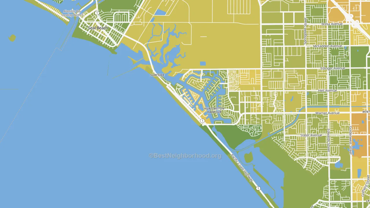 Map of the best neighborhoods in the 90742 area, with better matches in green and worse matches in red