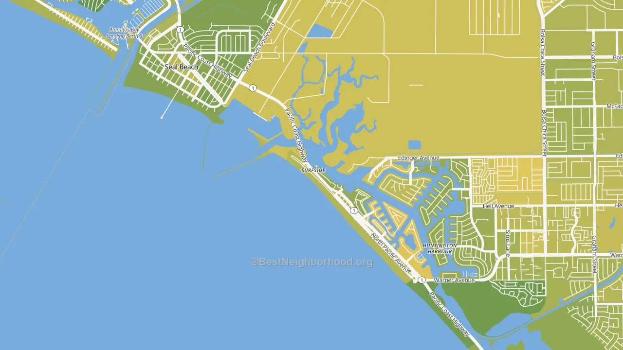 Map of the best neighborhoods in the 90743 area, with better matches in green and worse matches in red