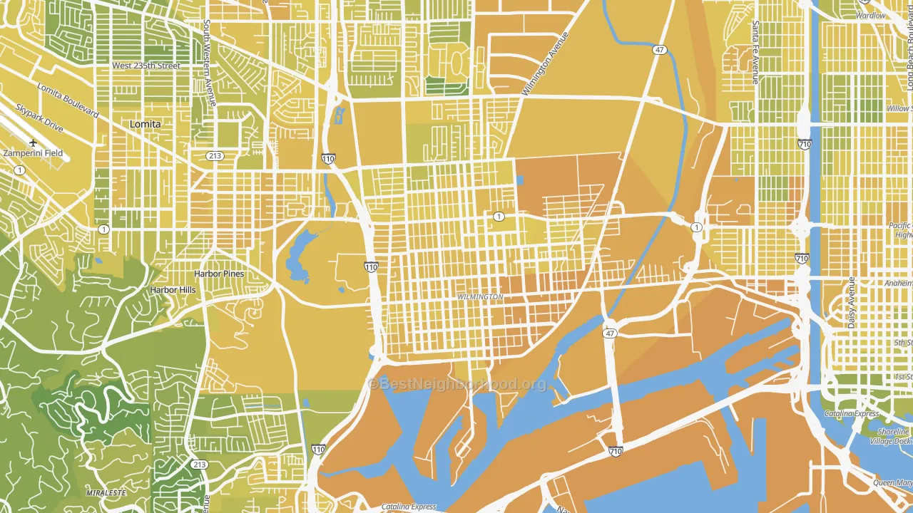 Map of the best neighborhoods in the 90744 area, with better matches in green and worse matches in red