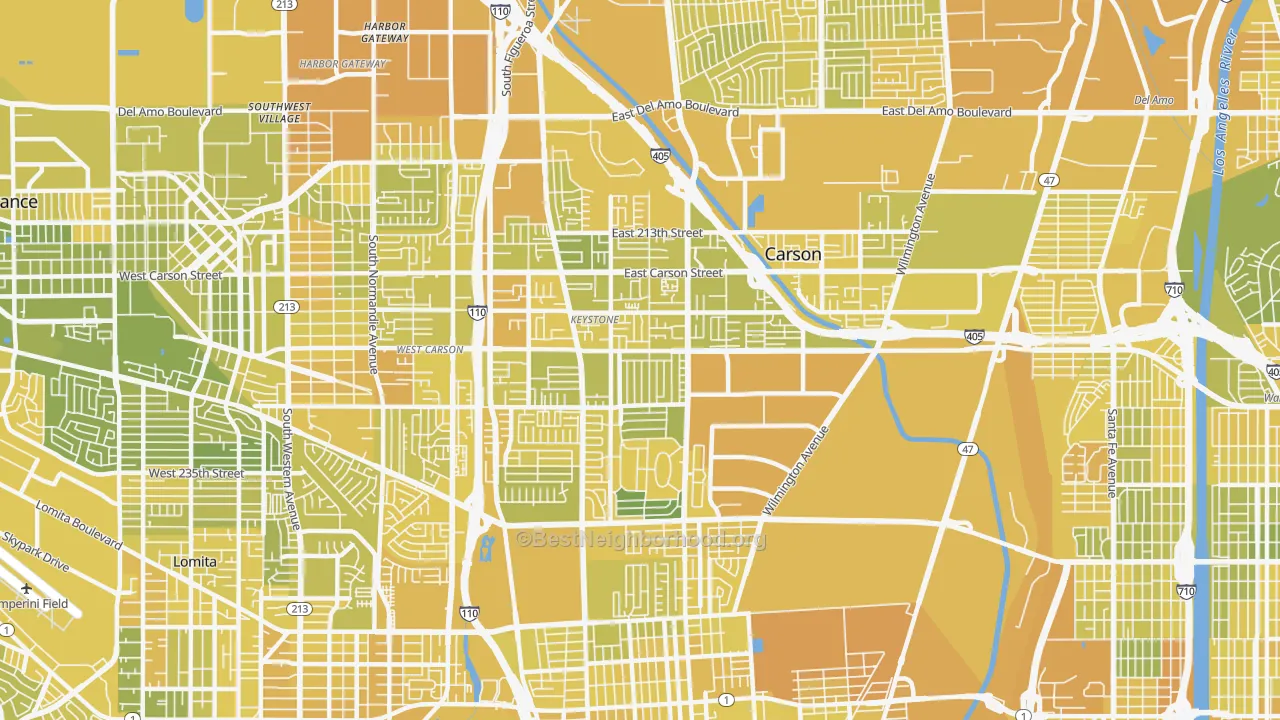 Map of the best neighborhoods in the 90745 area, with better matches in green and worse matches in red