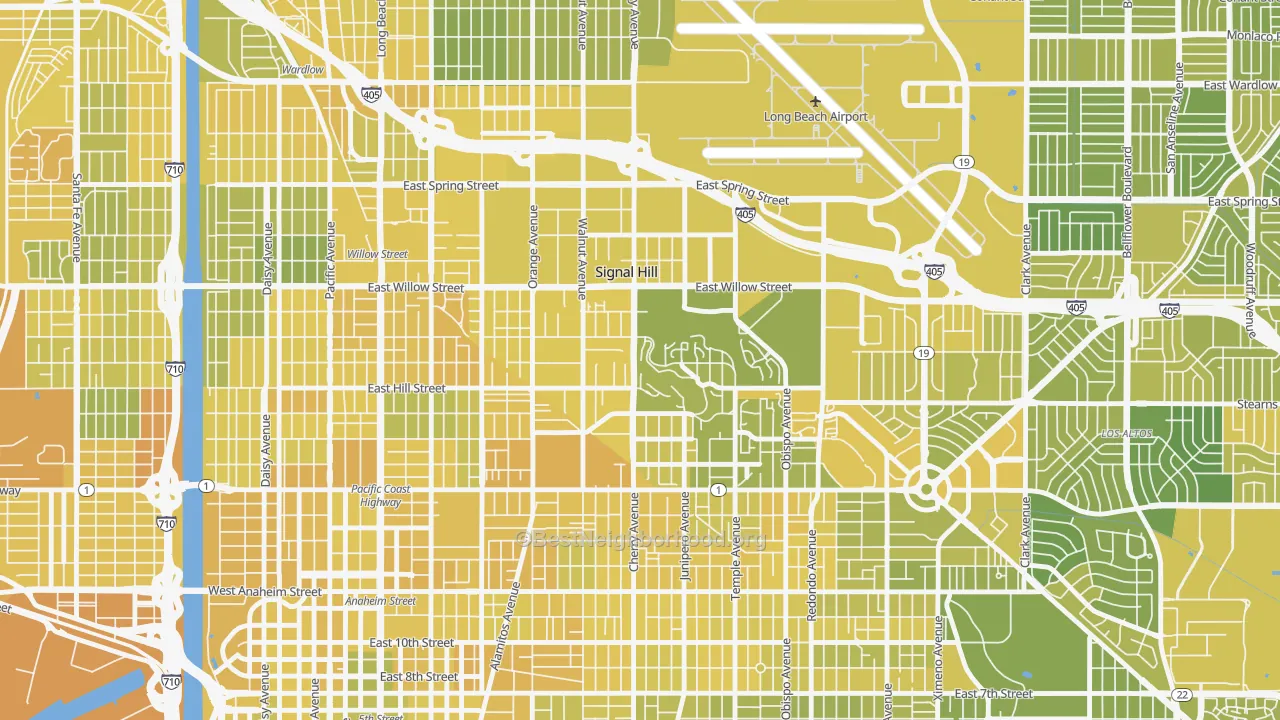 Map of the best neighborhoods in the 90755 area, with better matches in green and worse matches in red