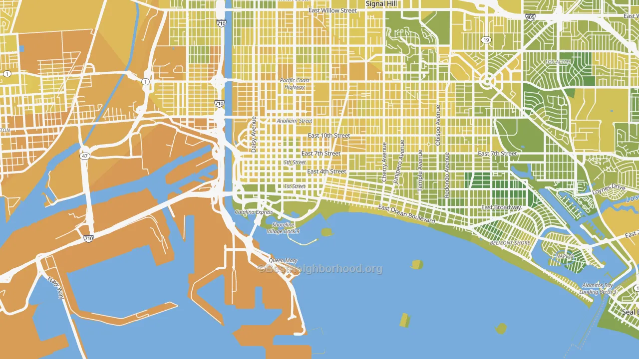 Map of the best neighborhoods in the 90802 area, with better matches in green and worse matches in red