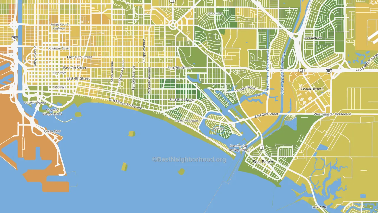 Map of the best neighborhoods in the 90803 area, with better matches in green and worse matches in red