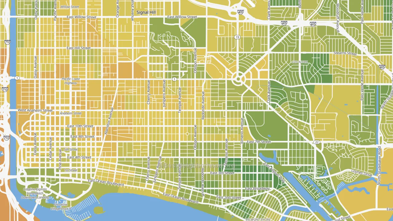 Map of the best neighborhoods in the 90804 area, with better matches in green and worse matches in red