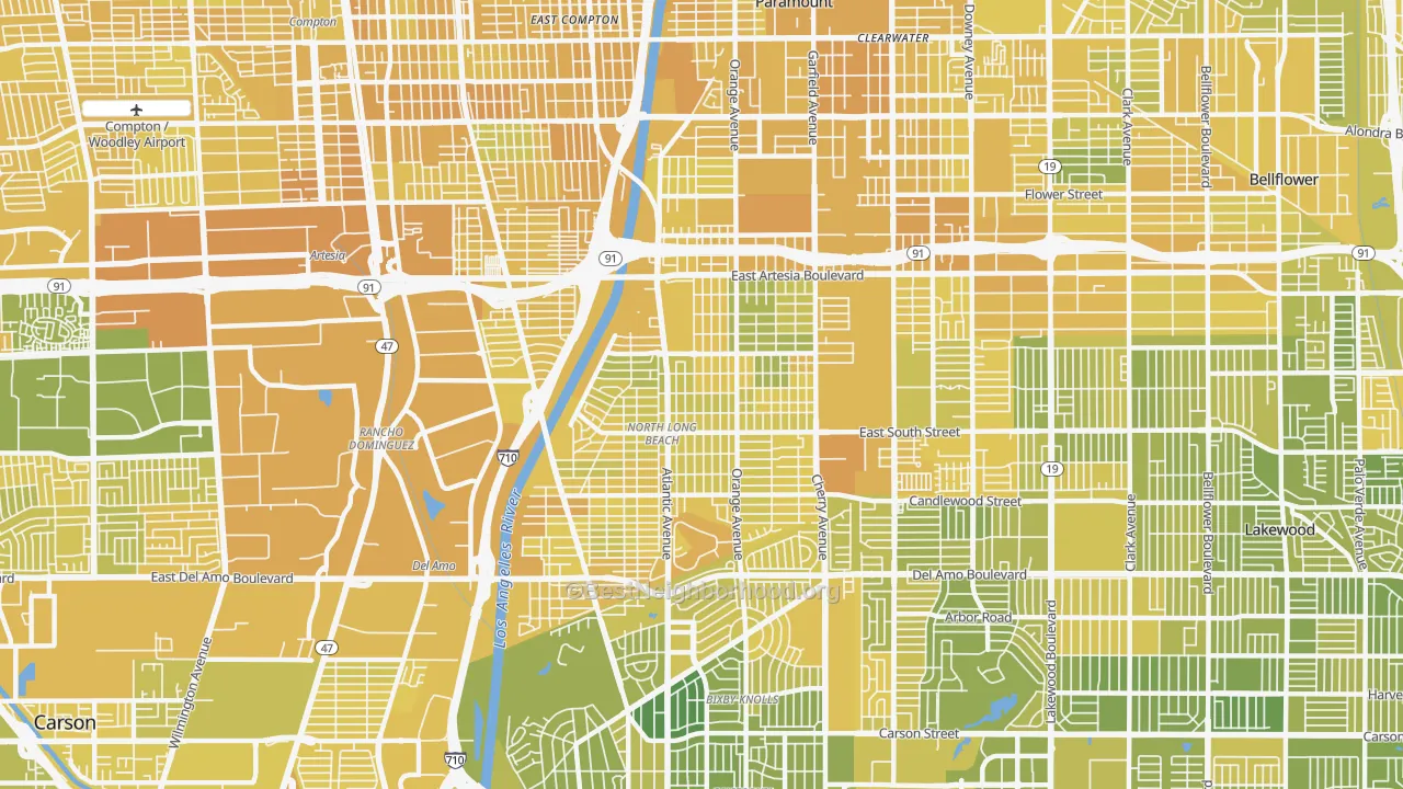 Map of the best neighborhoods in the 90805 area, with better matches in green and worse matches in red