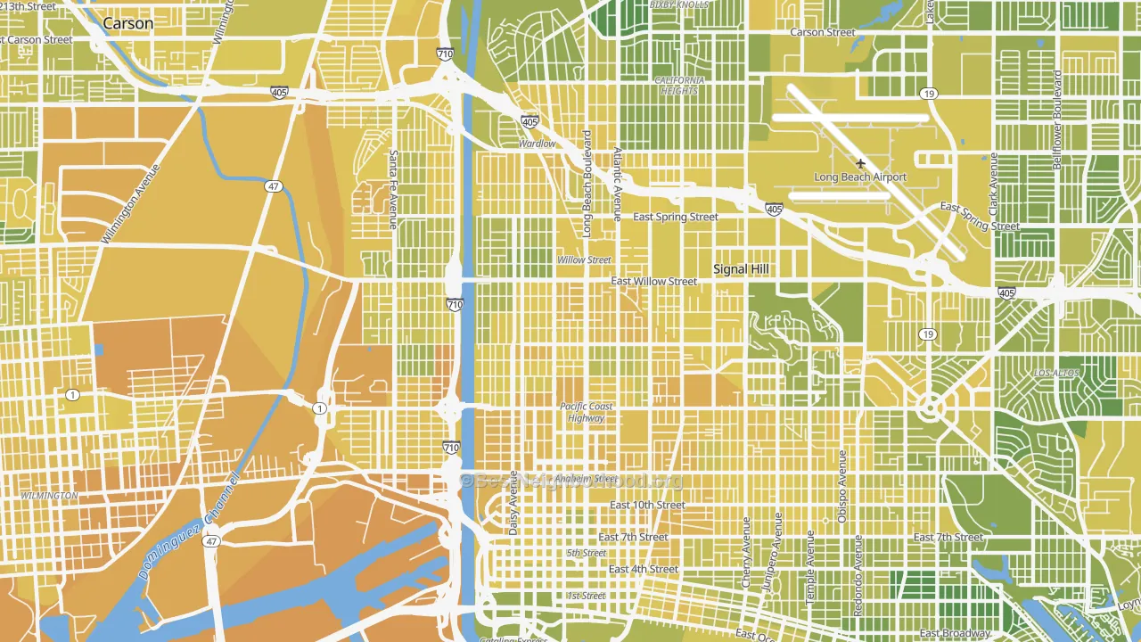 Map of the best neighborhoods in the 90806 area, with better matches in green and worse matches in red