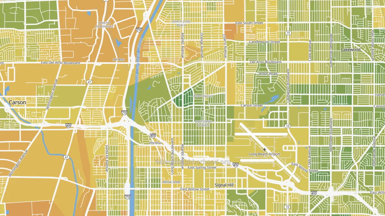 Map of the best neighborhoods in the 90807 area, with better matches in green and worse matches in red