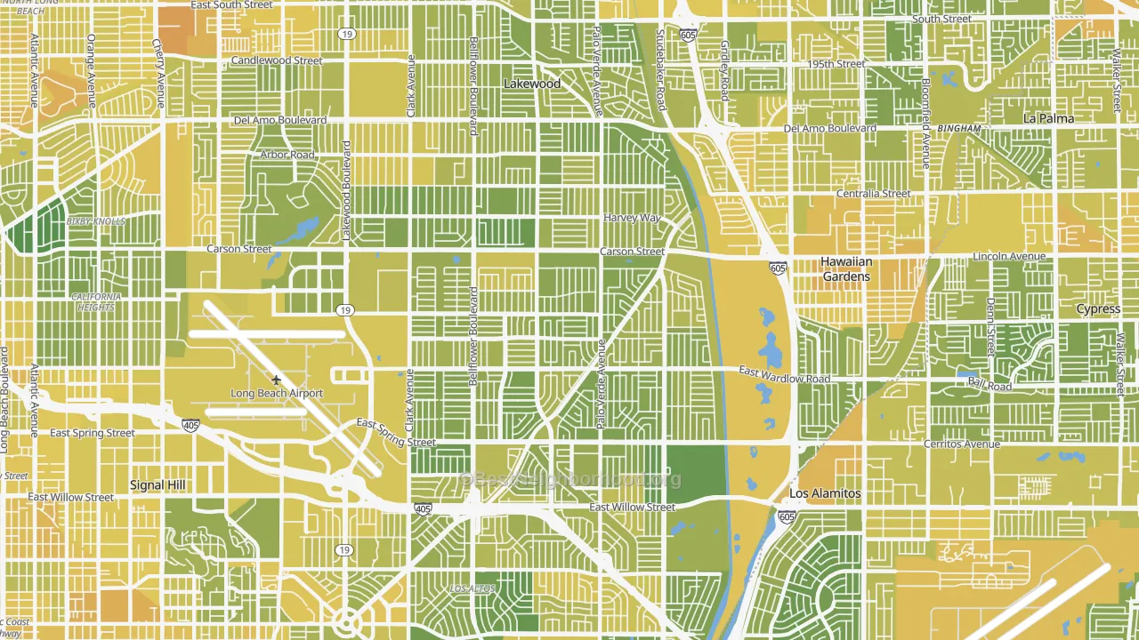 Map of the best neighborhoods in the 90808 area, with better matches in green and worse matches in red