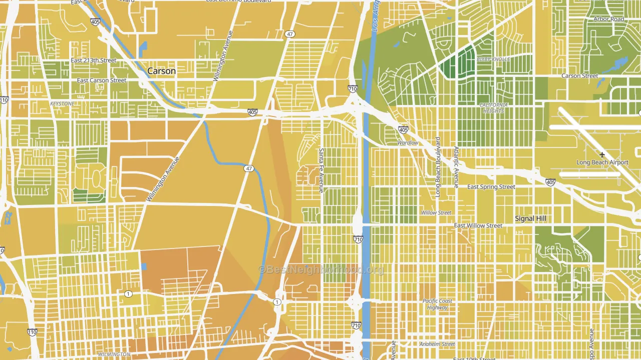 Map of the best neighborhoods in the 90810 area, with better matches in green and worse matches in red