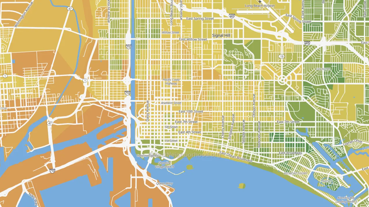 Map of the best neighborhoods in the 90813 area, with better matches in green and worse matches in red