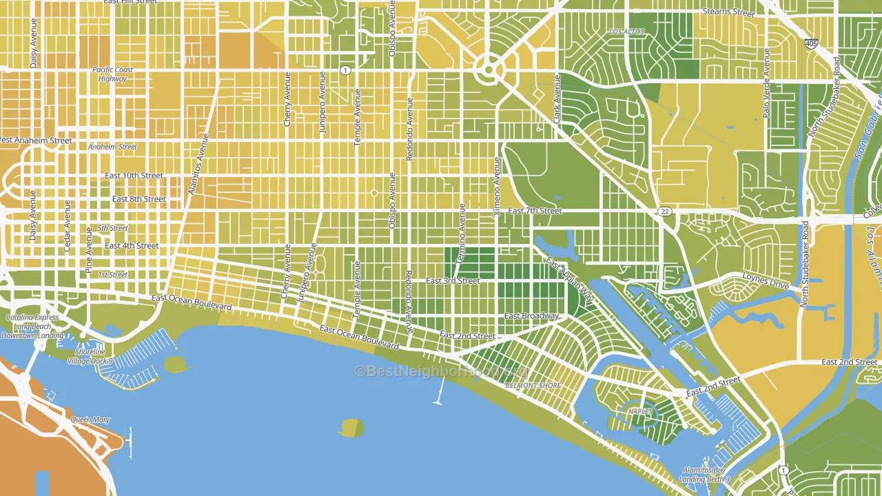 Map of the best neighborhoods in the 90814 area, with better matches in green and worse matches in red