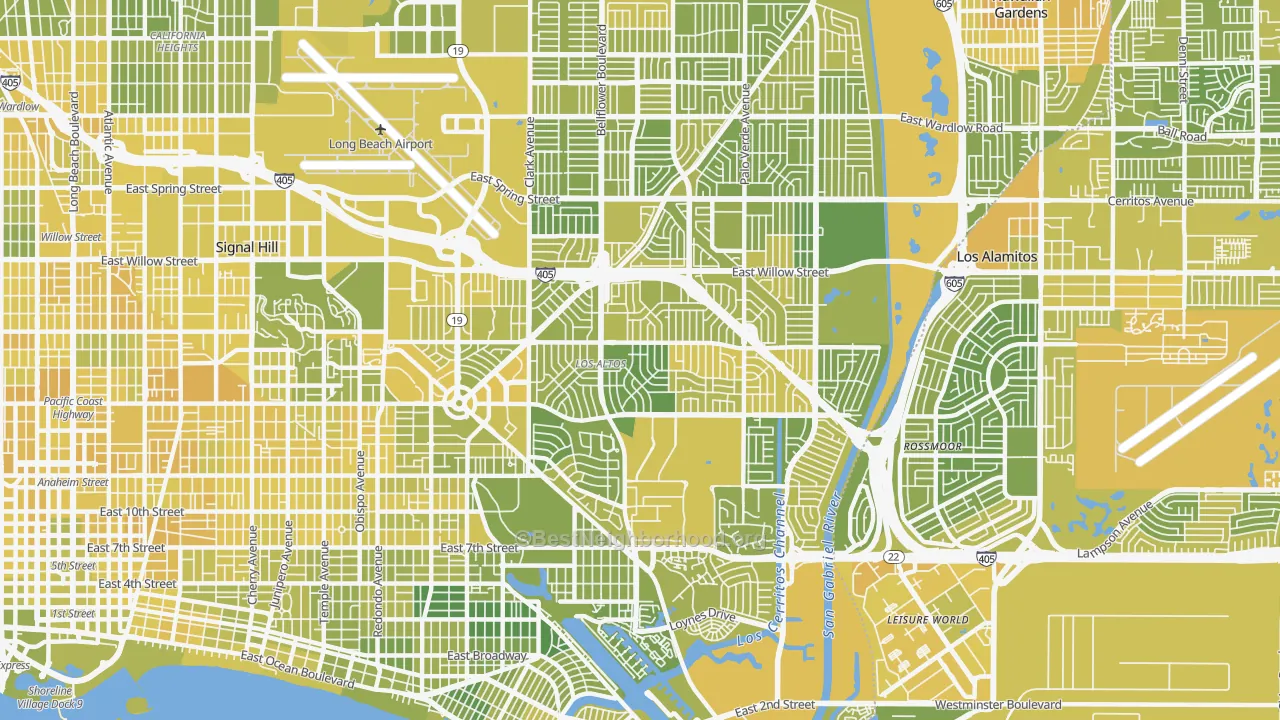 Map of the best neighborhoods in the 90815 area, with better matches in green and worse matches in red