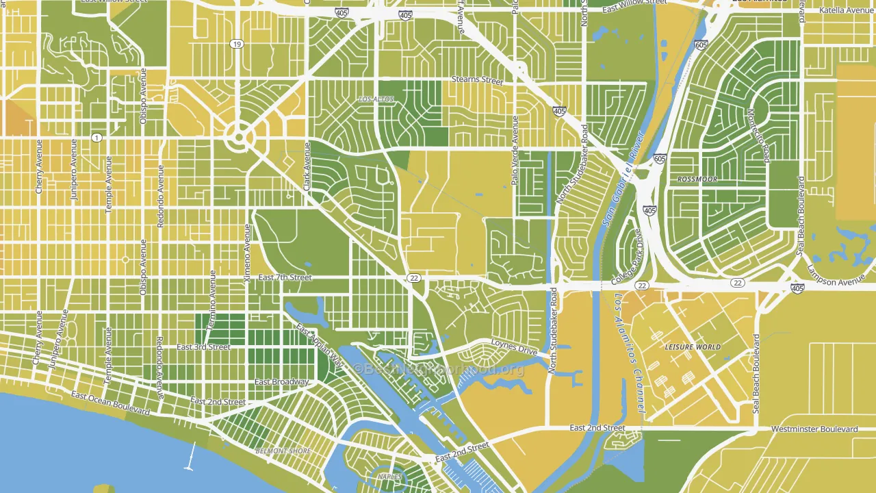Map of the best neighborhoods in the 90822 area, with better matches in green and worse matches in red