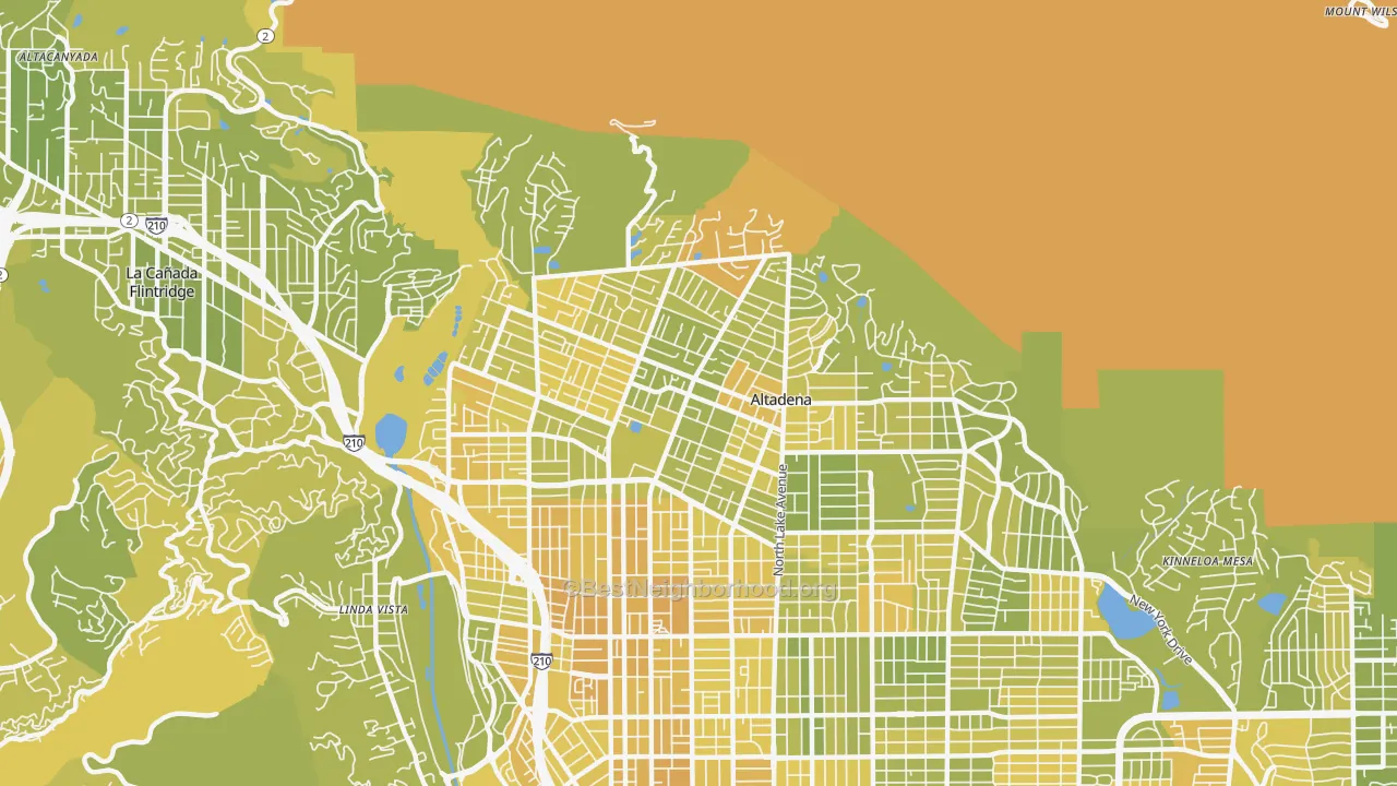 Map of the best neighborhoods in the 91001 area, with better matches in green and worse matches in red