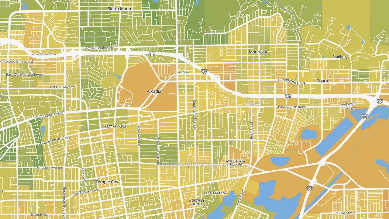 Map of the best neighborhoods in the 91006 area, with better matches in green and worse matches in red