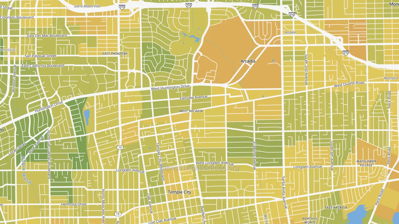 Map of the best neighborhoods in the 91007 area, with better matches in green and worse matches in red