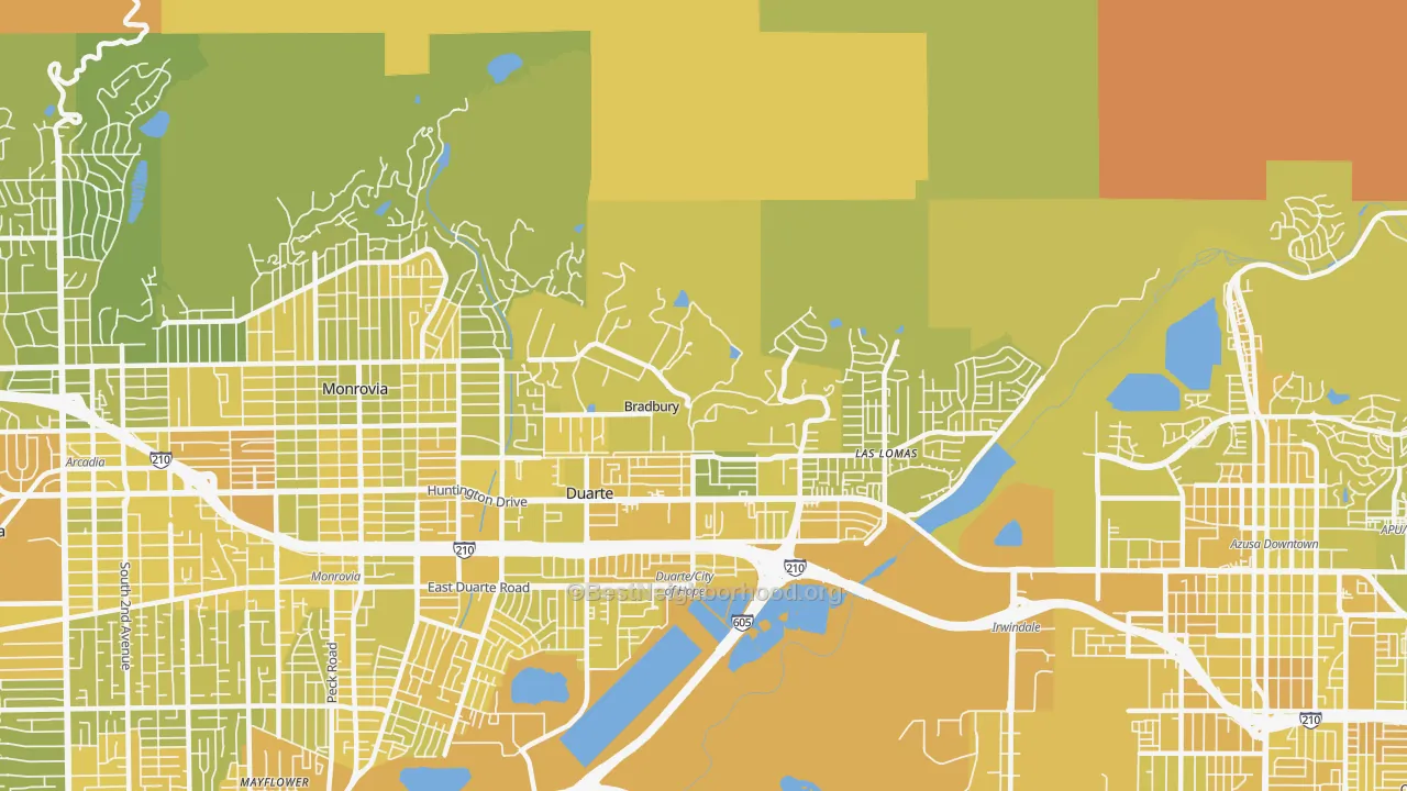 Map of the best neighborhoods in the 91008 area, with better matches in green and worse matches in red