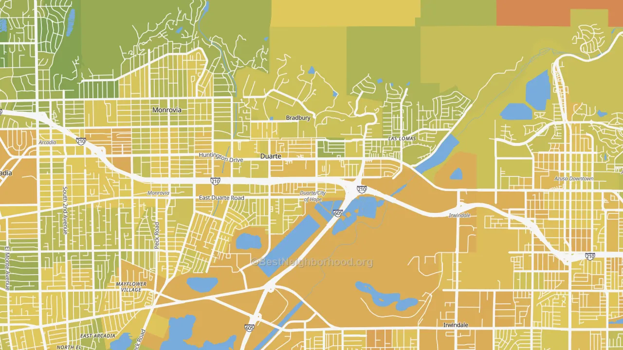 Map of the best neighborhoods in the 91010 area, with better matches in green and worse matches in red