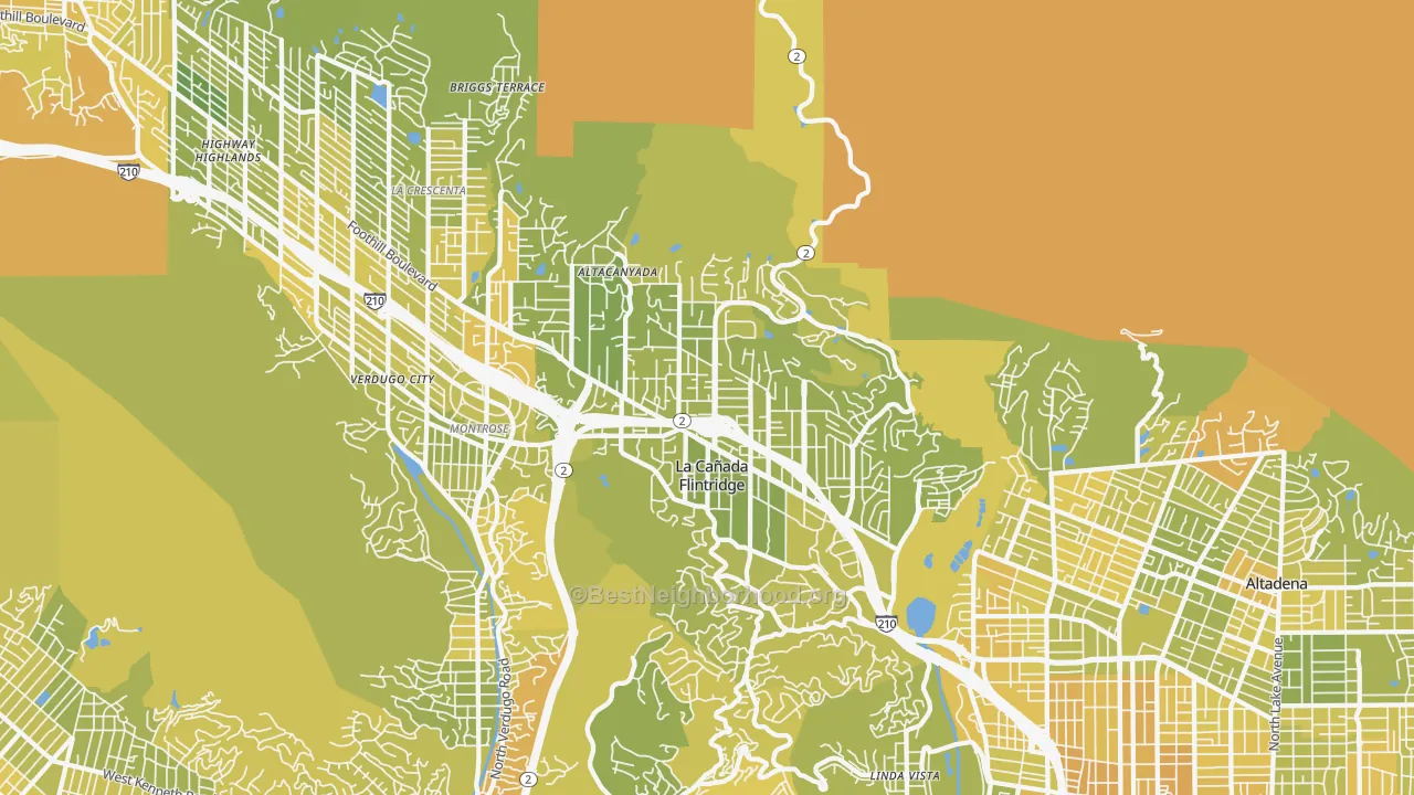 Map of the best neighborhoods in the 91011 area, with better matches in green and worse matches in red
