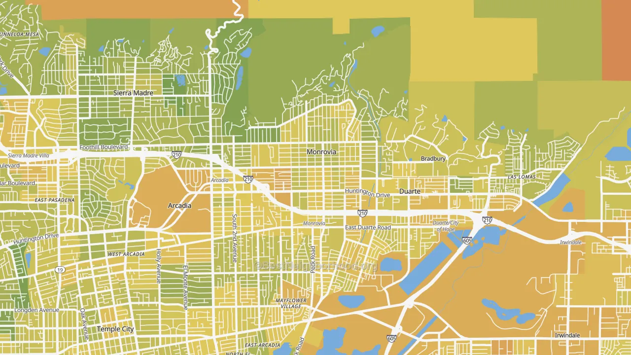 Map of the best neighborhoods in the 91016 area, with better matches in green and worse matches in red