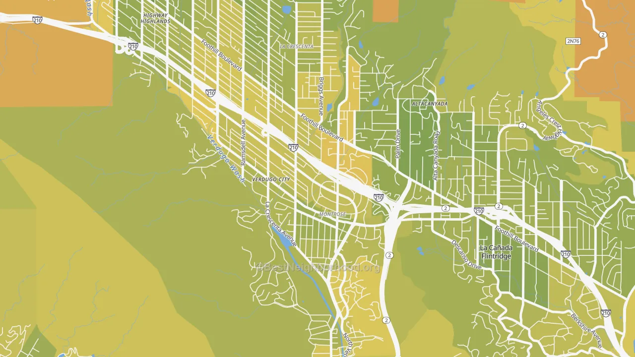 Map of the best neighborhoods in the 91020 area, with better matches in green and worse matches in red