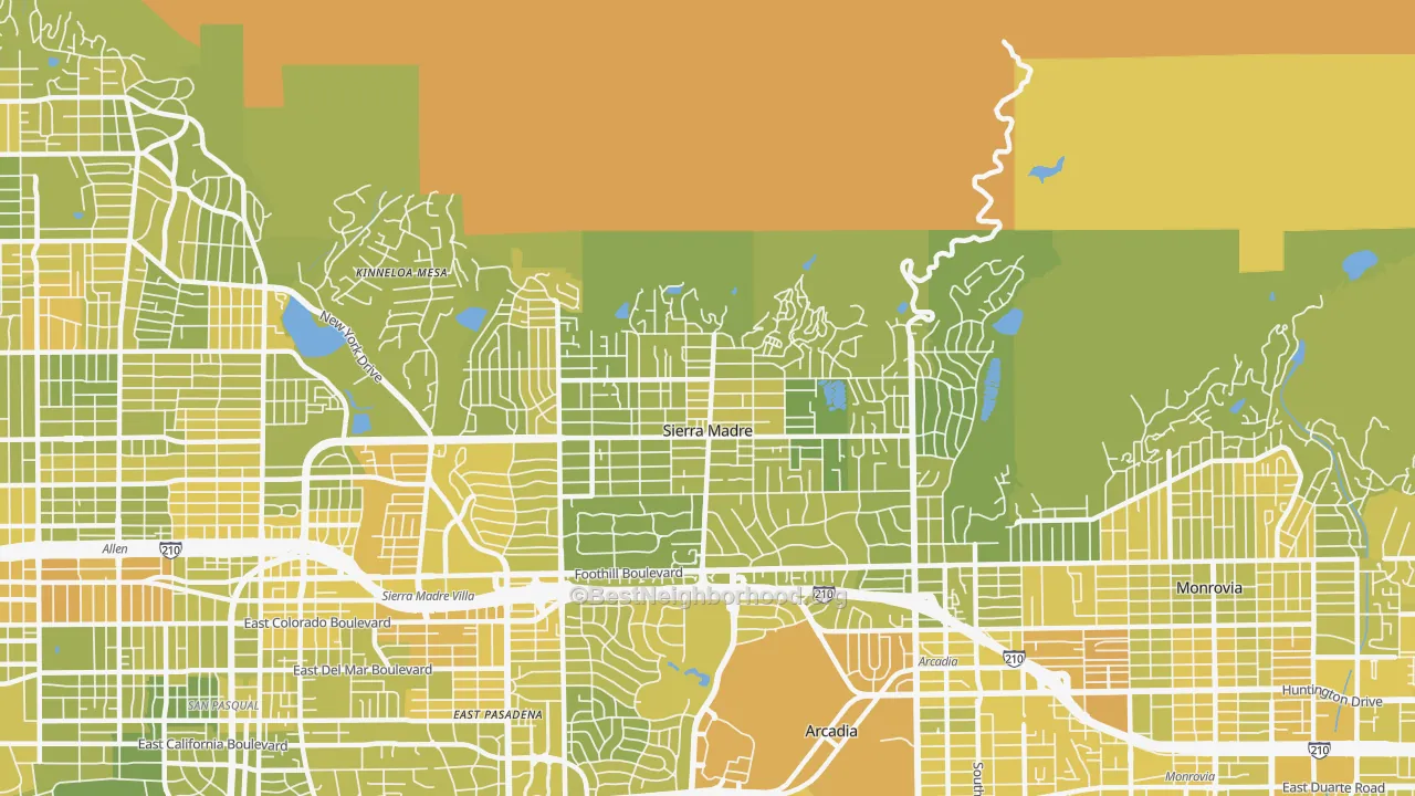 Map of the best neighborhoods in the 91024 area, with better matches in green and worse matches in red