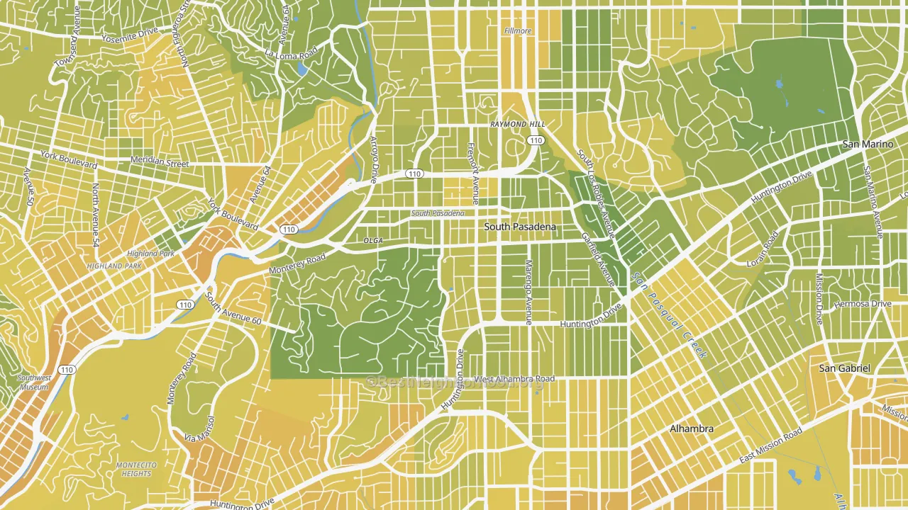 Map of the best neighborhoods in the 91030 area, with better matches in green and worse matches in red