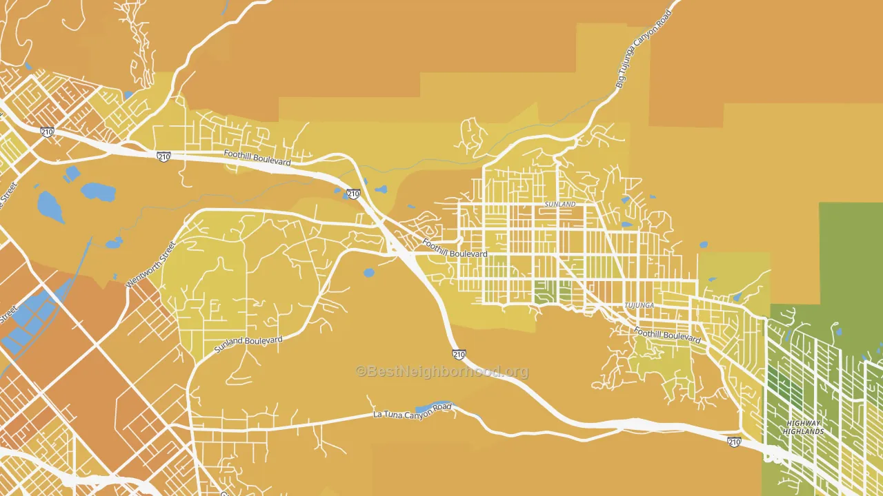 Map of the best neighborhoods in the 91040 area, with better matches in green and worse matches in red